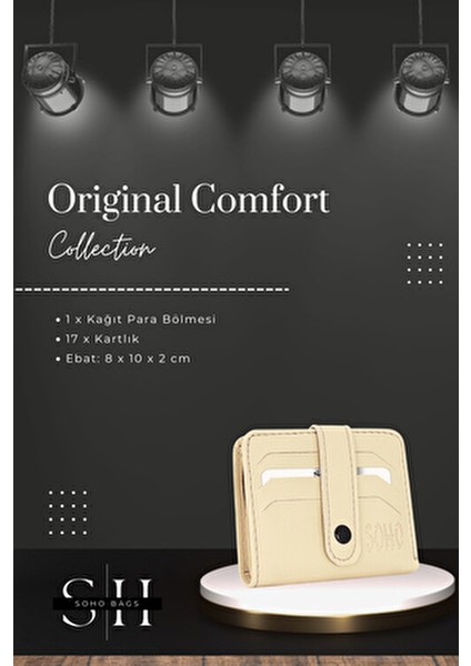 Unisex Mini Cüzdan Krem Renkli Suni Deri Çok Gözlü Kartlık 17 Kartlık 1 Kağıt Para Bölmeli