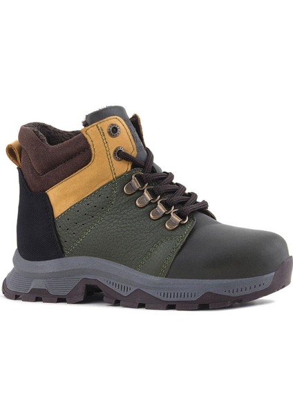 Hakiki Deri Haki Yeşil Sarı Fermuarlı Trekking Çocuk Bot