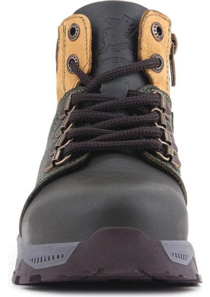 Hakiki Deri Haki Yeşil Sarı Fermuarlı Trekking Çocuk Bot modelleri