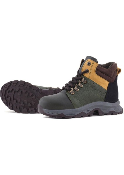 Hakiki Deri Haki Yeşil Sarı Fermuarlı Trekking Çocuk Bot