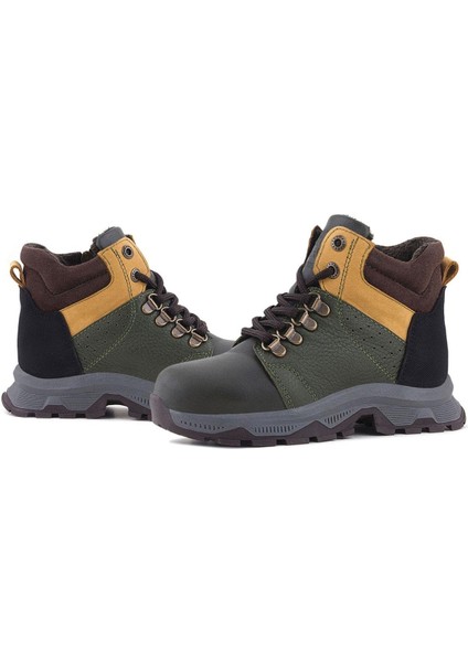 Hakiki Deri Haki Yeşil Sarı Fermuarlı Trekking Çocuk Bot