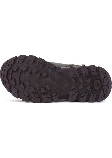 Hakiki Deri Haki Yeşil Sarı Fermuarlı Trekking Çocuk Bot