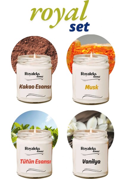 4 Adet Doğal Özel Seri Kokulu Dekoratif Kavanoz Mum 4X210 cc - Royal Set - Ryl