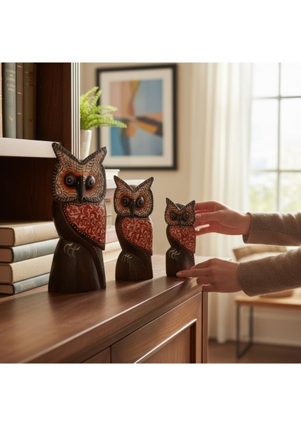 El Yapımı Doğal Ahşap 3lü Baykuş Heykel Biblo Seti Yeni Yıl Ev Ofis Hediyesi Raf Vitrin Bahçe Süsü 2 fiyatları