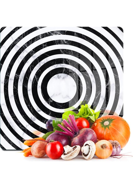 Cam Kesme Tahtası ve Sunumluk Kare Siyah Beyaz Karışık Mermer Desenli 30X30 cm