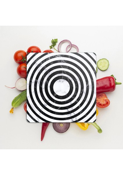 Cam Kesme Tahtası ve Sunumluk Kare Siyah Beyaz Karışık Mermer Desenli 30X30 cm modelleri