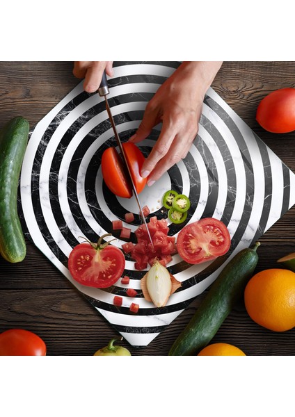 Cam Kesme Tahtası ve Sunumluk Kare Siyah Beyaz Karışık Mermer Desenli 30X30 cm fırsatları