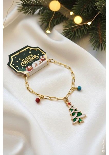 Yılbaşı Özel Bileklik - Yılbaşı Çamı ve Renkli Boncuklu Ataç Zincir Kadın Bileklik - Noel Hediyesi