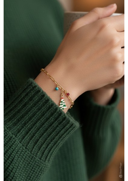 Yılbaşı Özel Bileklik - Yılbaşı Çamı ve Renkli Boncuklu Ataç Zincir Kadın Bileklik - Noel Hediyesi fiyatları