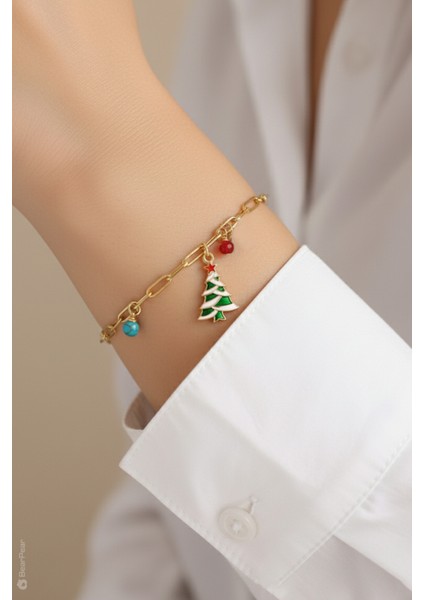 Yılbaşı Özel Bileklik - Yılbaşı Çamı ve Renkli Boncuklu Ataç Zincir Kadın Bileklik - Noel Hediyesi modelleri