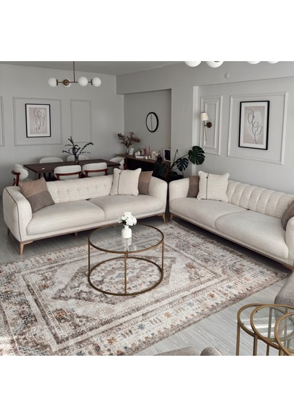 Belina Krem Vizon Salon Halısı Otantik Eskitme Desen Göbek Vintage Bukle Oturma Odası Halı