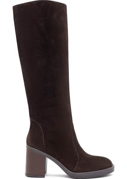 Kadın Kahverengi Fermuarlı Kalın Topuklu Süet Deri Çizme 25WFD203110