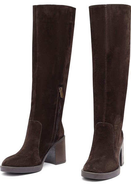 Kadın Kahverengi Fermuarlı Kalın Topuklu Süet Deri Çizme 25WFD203110 modelleri