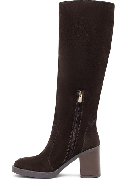 Kadın Kahverengi Fermuarlı Kalın Topuklu Süet Deri Çizme 25WFD203110 fırsatları