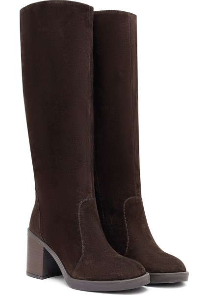 Kadın Kahverengi Fermuarlı Kalın Topuklu Süet Deri Çizme 25WFD203110 indirimleri