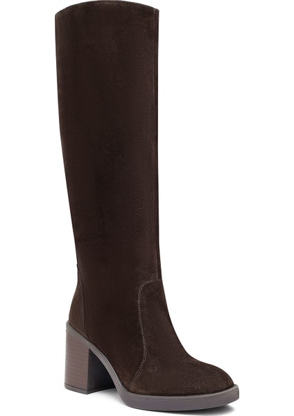 Kadın Kahverengi Fermuarlı Kalın Topuklu Süet Deri Çizme 25WFD203110