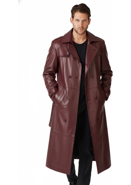 Bordo Matrix Hakiki Deri Kruvaze Düğme Kapamalı Yırtmaçlı Astarlı Kemerli Trençkot Erkek Kaban