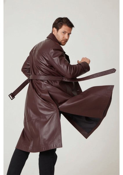 Bordo Matrix Hakiki Deri Kruvaze Düğme Kapamalı Yırtmaçlı Astarlı Kemerli Trençkot Erkek Kaban fiyatları