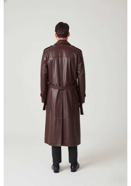 Bordo Matrix Hakiki Deri Kruvaze Düğme Kapamalı Yırtmaçlı Astarlı Kemerli Trençkot Erkek Kaban indirimleri