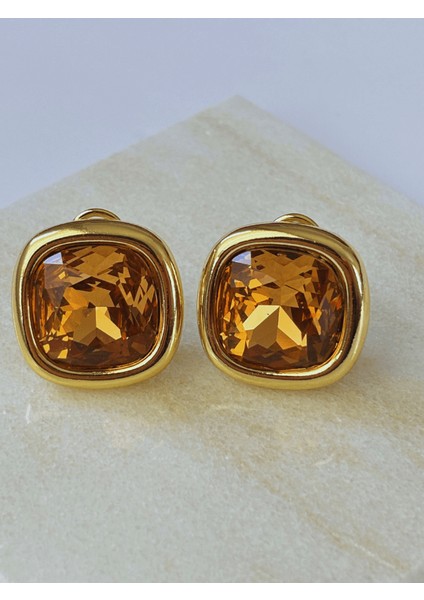Kahve Tonlarında Parlak Kare Şekilli Gold Renkli Küpe