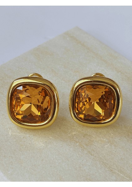 Kahve Tonlarında Parlak Kare Şekilli Gold Renkli Küpe fiyatları