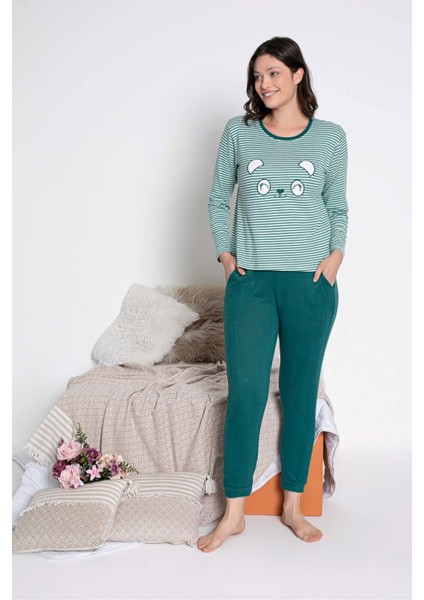 Kadın Bisiklet Yaka Düğmesiz Kışlık Yeşil Termal Kumaş Bilek Manşetli Uzun Kol Cepli Jogger Pijama Takımı