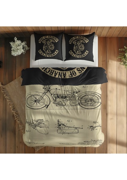 Sons Of Anarchy & Harley Davidson Model 28B Vintage Çift Taraflı Nevresim Takımı - 200 cm x 220 cm
