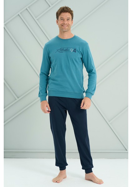 Erkek Interlok Penye Uzun Kol Pijama Takımı 2222 Petrol