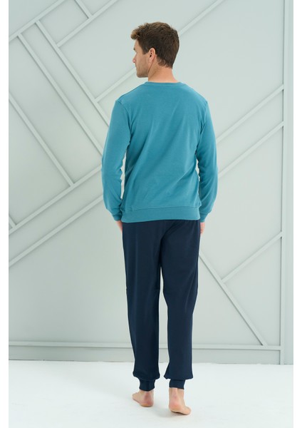 Erkek Interlok Penye Uzun Kol Pijama Takımı 2222 Petrol modelleri