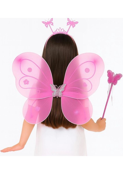 Pembe Kelebek Kız Seti – 50 cm Kelebek Kanadı, Taç ve Asa