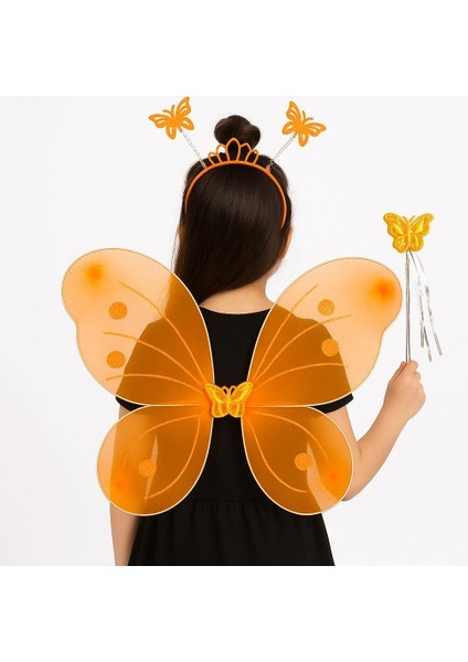 Turuncu Kelebek Kız Seti – 50 cm Kelebek Kanadı, Taç ve Asa