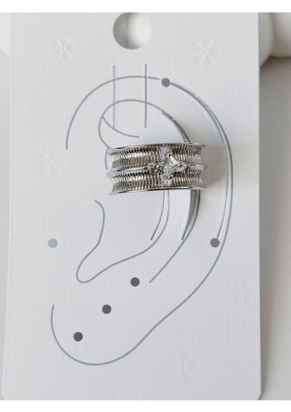 Ortası Parlak Çiçek Detaylı Kalın Silver Earcuff