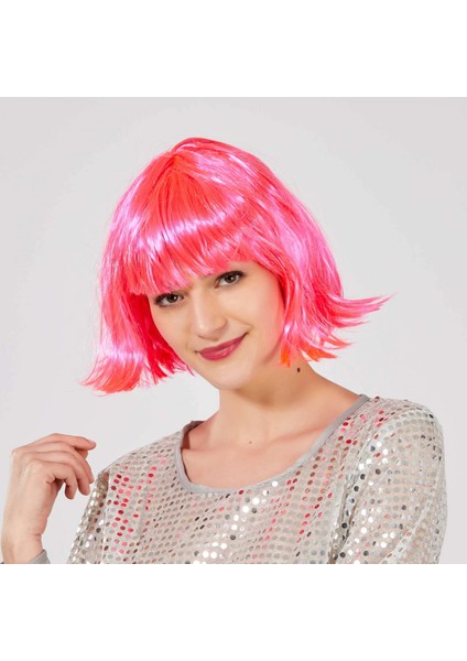 Şeker Pembe Renk Parti Peruğu Küt Saç