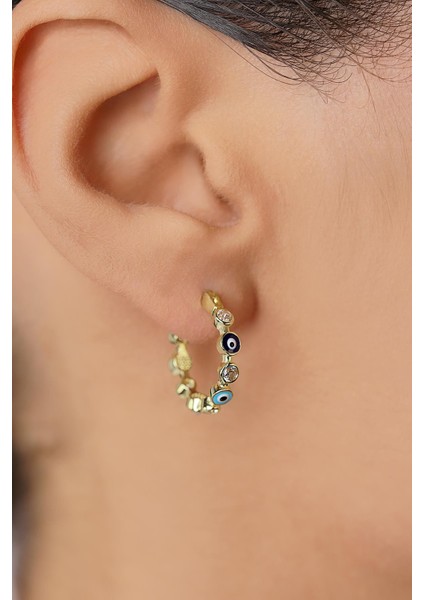 14 Ayar Altın Taşlı Nazarlık Dizisi Halka Küpe