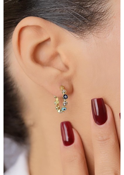 14 Ayar Altın Taşlı Nazarlık Dizisi Halka Küpe modelleri