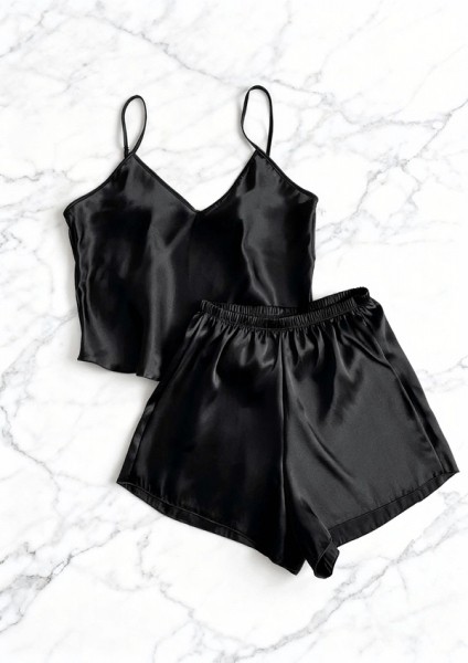 Askılı Saten Şortlu Takım