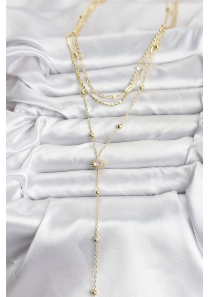 Pirinç Gold Renk Güneş Model Detaylı 3'lü Kombin Y Kadın Kolye - Lisinya fiyatları