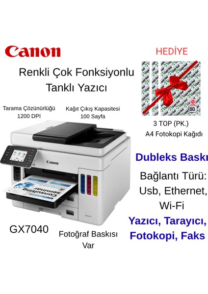 Maxify GX7040 Wi-Fi Renkli Çok Fonksiyonlu Tanklı Mürekkep Püskürtmeli Yazıcı+3top A4 Hediye