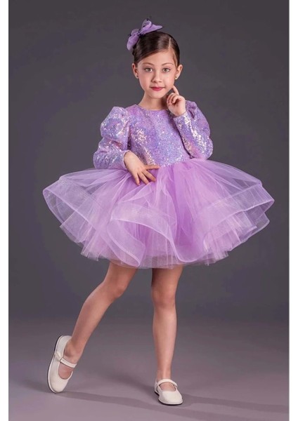 Tütü Gren Etekli Kız Çocuk Pul Payetli Uzun Kol Kikidi Elbise MNK0583