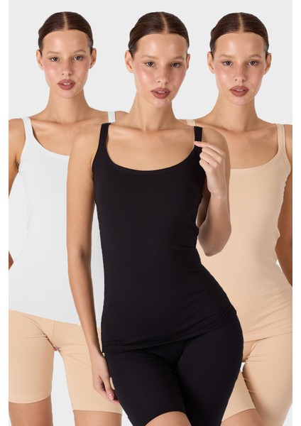 Kadın Siyah Beyaz Ten 3'lü İnce Askılı Sırtı Açık Modal Atlet 3M1034