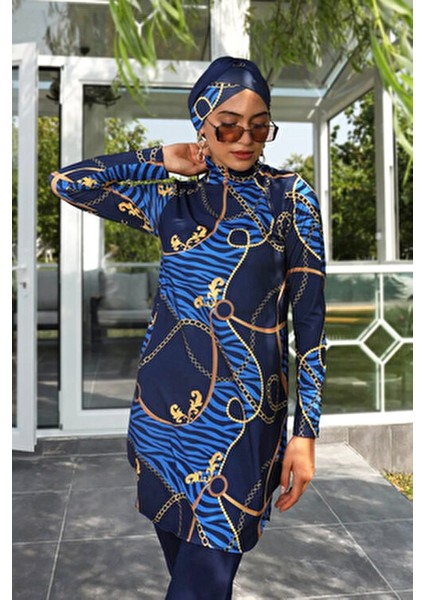 Likralı Tam Kapalı Tesettür Mayo Dokuma Kumaşla Şık Lacivert Desenli Kadın 268-514