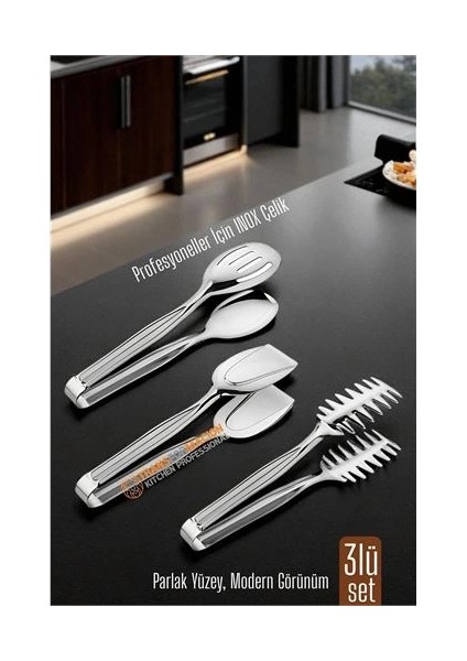 3’lü Inox Çelik Mutfak Maşa Seti - Makarna Pasta Salata Çok Amaçlı Maşa 3 Lü Set
