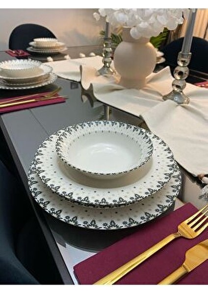 Filiz Porselen Yemek Takımı 24 Parça 6 Kişilik Çiçek Desenli Beyaz Renk