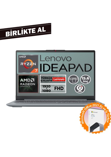 Ideapad Slim 3 Ryzen 7 5825U 16GB 512GB SSD 15.6" W11P Laptop + Ms Office 82XM00U4TX 018