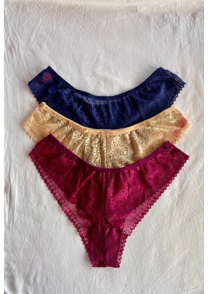 Kadın Iç Çamaşırı Brazillian Stil Dantelli Lace Set Kadın Şık ve Rahat Tanga Külot 3'lü Set