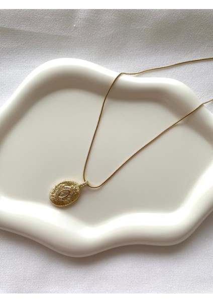 Alpjewel Oval Taşlı Kabartma Kolye Xupıng Kararmaz