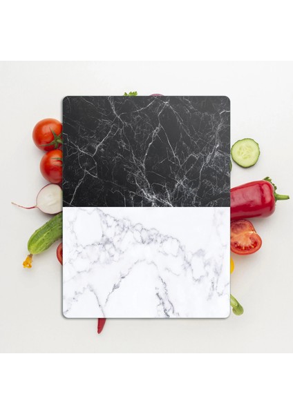 Cam Kesme Tahtası ve Sunumluk Double Siyah Beyaz Mermer Desenli 20X30 cm modelleri