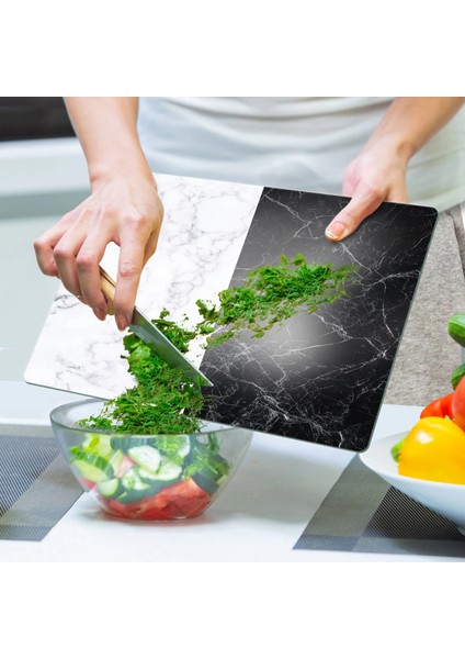 Cam Kesme Tahtası ve Sunumluk Double Siyah Beyaz Mermer Desenli 20X30 cm indirimleri