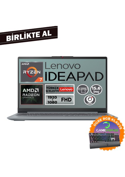 Ideapad Slim 3 Ryzen 7 5825U 16GB 512GB SSD 15.6" Fdos Laptop + Gaming Klavye 82XM00U4TX 007