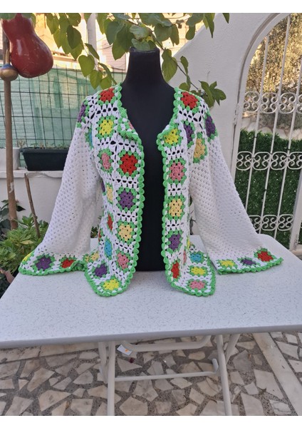 Yeşil Beyaz Çok Renkli Handmade Koton Hırka-Canlı Renkli Çiçek Motifli Koton Tığ Işi Salaş Hırka fiyatları